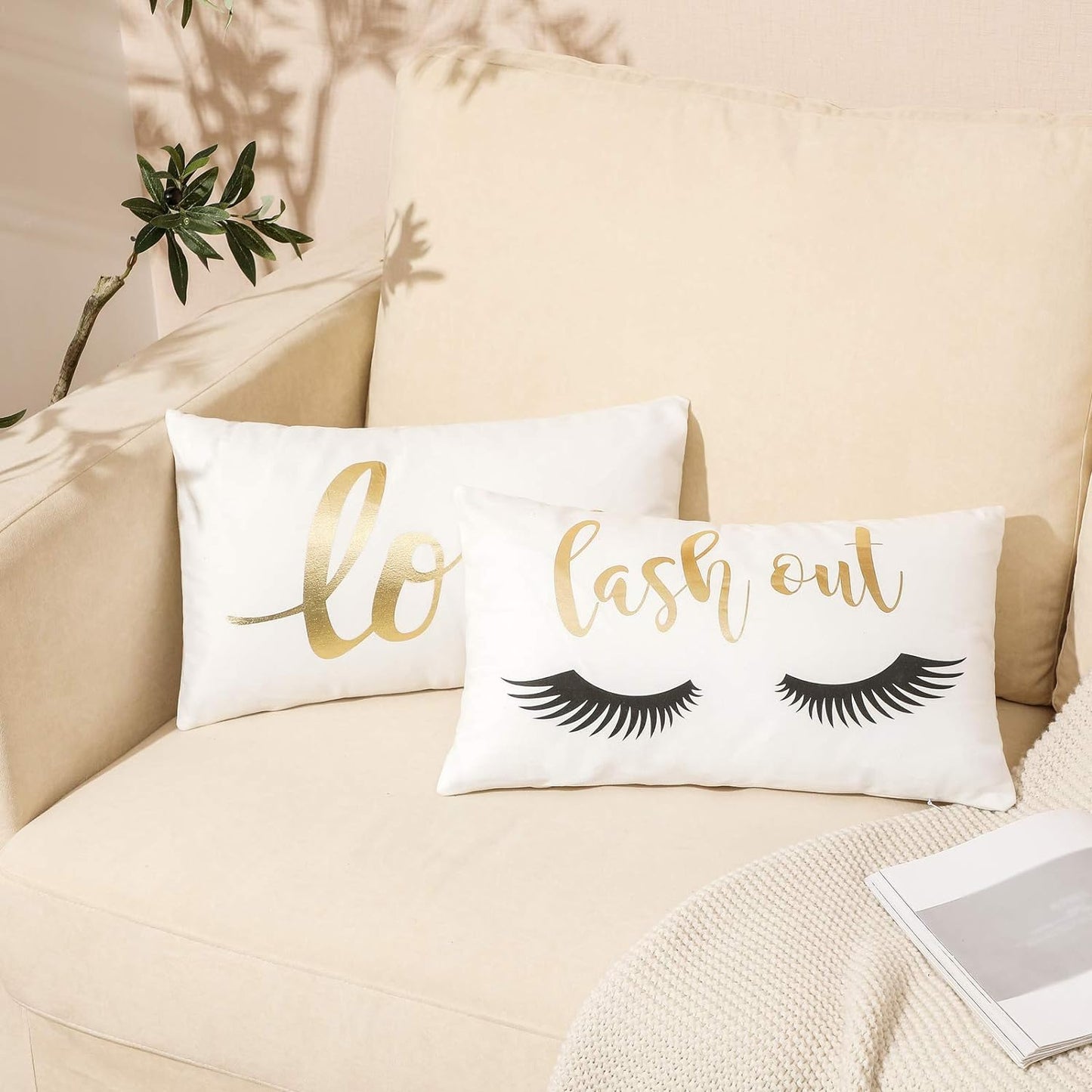 2 Pack Lumbar Throw Pillow Cover Eyelash Love with Bronzing Decorative Lumbar Pillow Rectangle Pillows Cover for Bedroom Office Sofa Car 20X12Inch (Love Letter+Eyelashes)