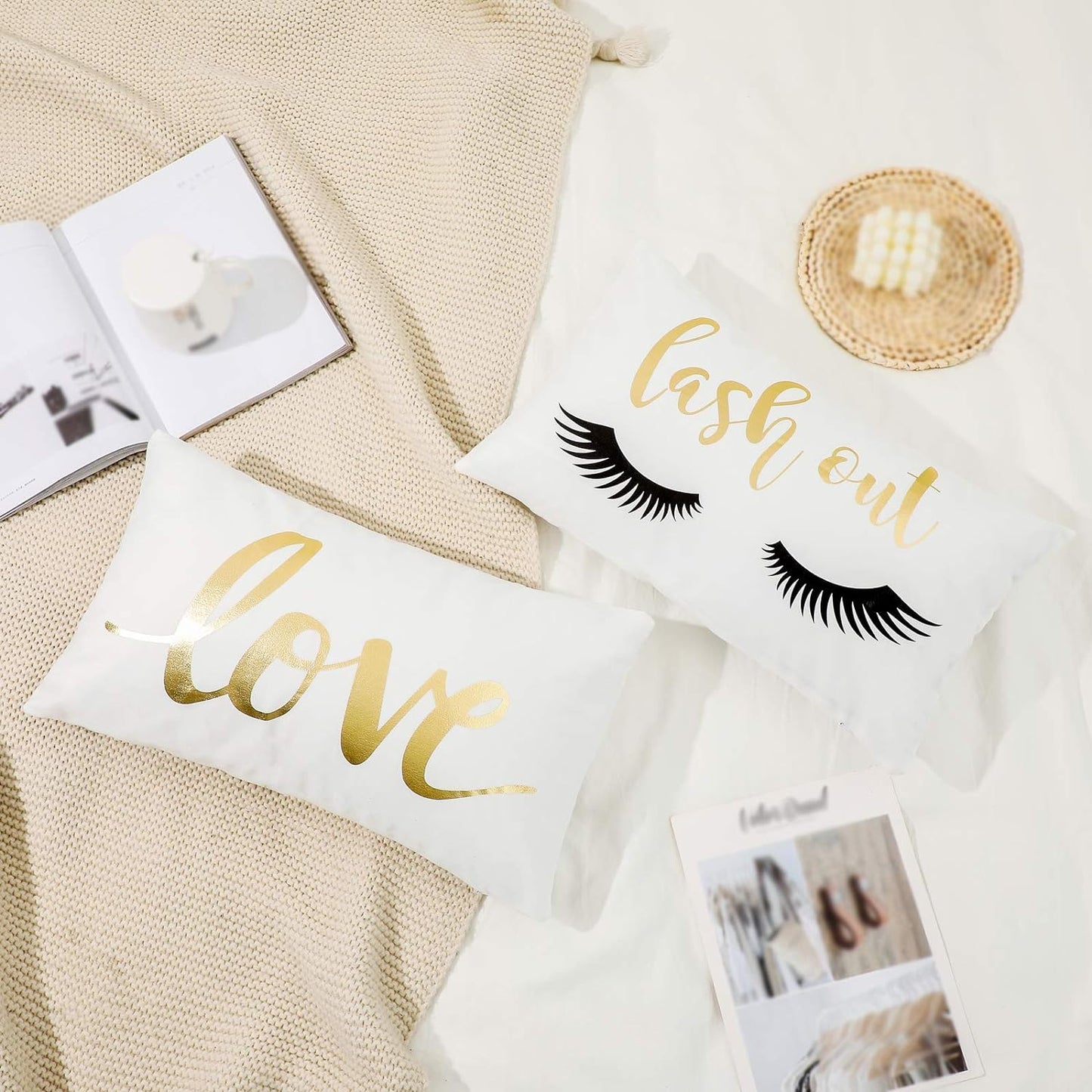 2 Pack Lumbar Throw Pillow Cover Eyelash Love with Bronzing Decorative Lumbar Pillow Rectangle Pillows Cover for Bedroom Office Sofa Car 20X12Inch (Love Letter+Eyelashes)