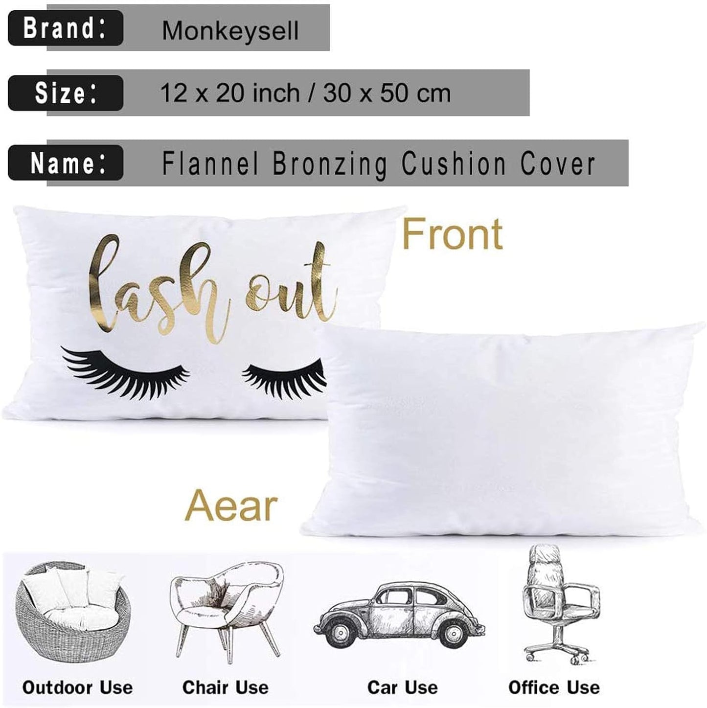 2 Pack Lumbar Throw Pillow Cover Eyelash Love with Bronzing Decorative Lumbar Pillow Rectangle Pillows Cover for Bedroom Office Sofa Car 20X12Inch (Love Letter+Eyelashes)