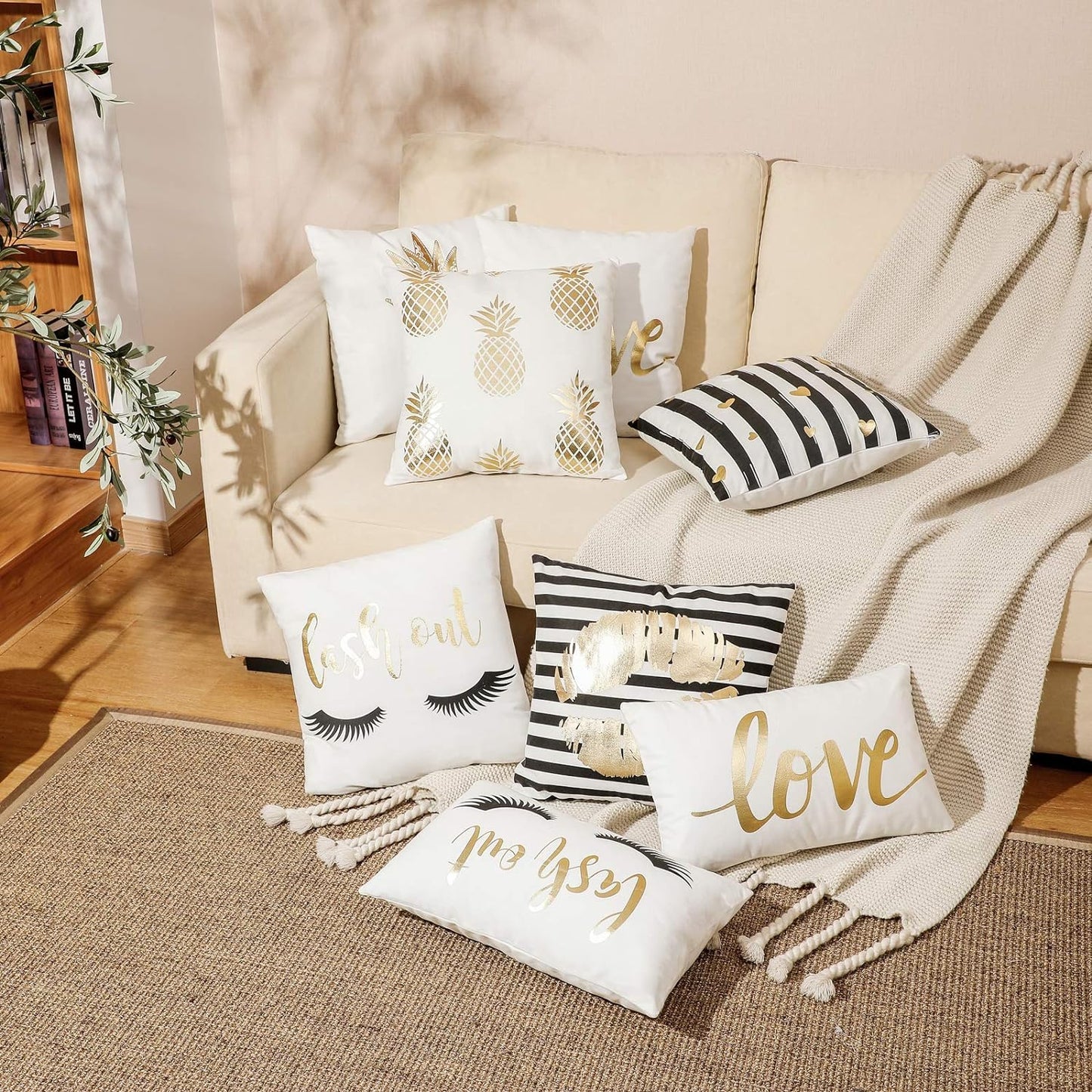 2 Pack Lumbar Throw Pillow Cover Eyelash Love with Bronzing Decorative Lumbar Pillow Rectangle Pillows Cover for Bedroom Office Sofa Car 20X12Inch (Love Letter+Eyelashes)