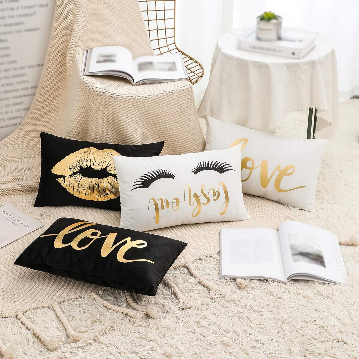 2 Pack Lumbar Throw Pillow Cover Eyelash Love with Bronzing Decorative Lumbar Pillow Rectangle Pillows Cover for Bedroom Office Sofa Car 20X12Inch (Love Letter+Eyelashes)